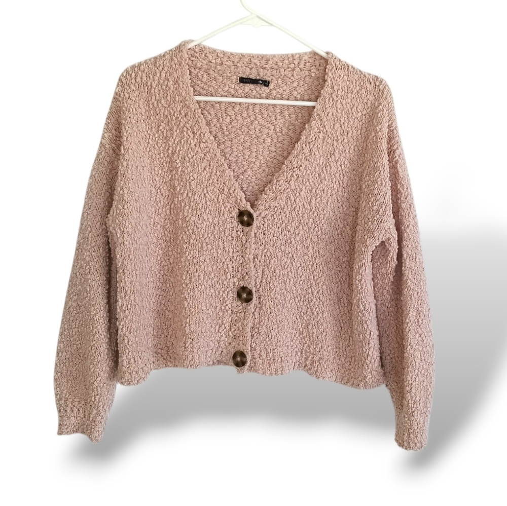 Papermoon Pink Popcorn Knit Cropped Cardigan Cozy Teddy Oversized Soft Blush Sm